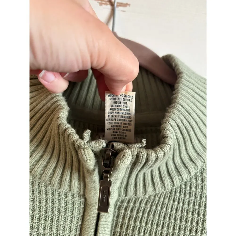 VTG L.L.Bean Men’s Quarter Zip Cotton Sweater Waffle Texture Large Green